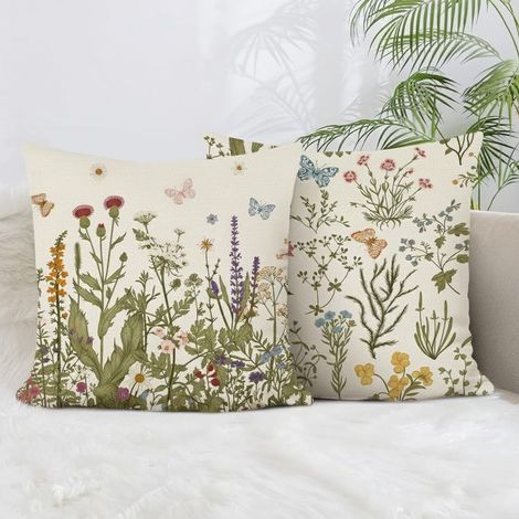 Housse de Coussin 45x45 cm, Lot de 2 Housses de Coussin Floral et Papillon Printemps Taie d'oreiller Décorative Carrée en Lin pour Canapé Maison Salon Chambre à Coucher (1/5)