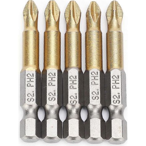 Jeu de 5 embouts de tournevis cruciformes PH2 antidérapants, tige hexagonale 1/4 pouce, 50 mm (1/4)