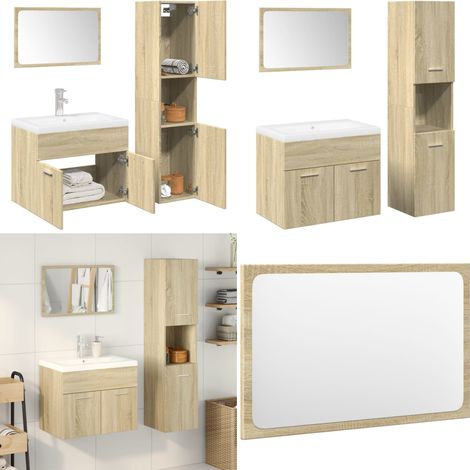Juego de muebles de baño 4 pzas contrachapada roble Sonoma - Armario de baño - Espejo de maquillaje