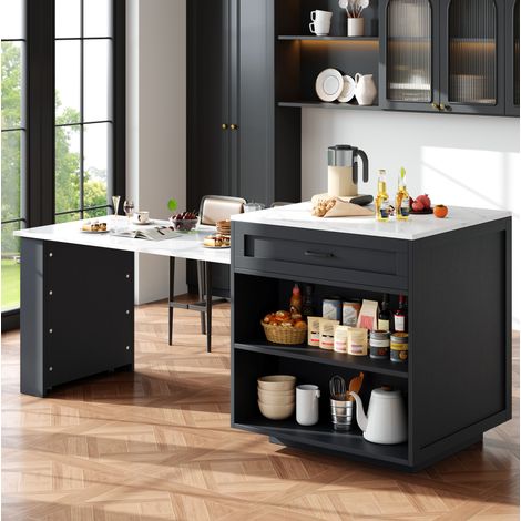 Mesa de bar extensible 133/202x70x93,5 cm negra con almacenaje y estantes laterales (1/5)