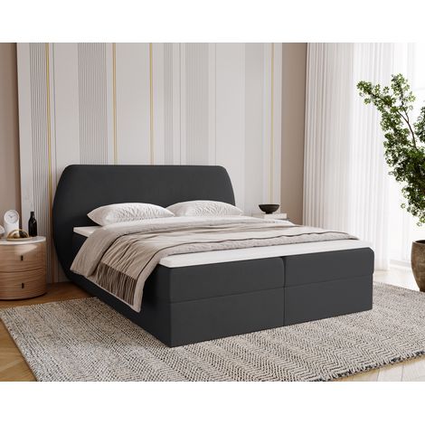 Emporius Lit double 160x200 Cartagena avec matelas, rangement - tête de lit arrondie, velours, Noir (1/5)