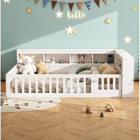 Letto daybed moderno 140x200 cm in truciolare e MDF bianco con rete a doghe, vani laterali, presa e USB, sponda estraibile (1/5)