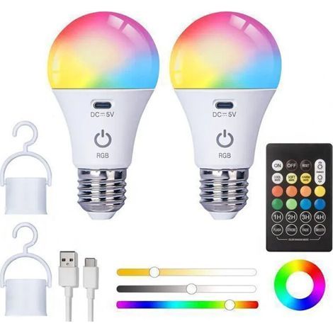 USB C Rechargeable Battery Light Bulb with Remote Control - E27 RGB Smart Bulb - 3 Color Temperatures - 2200mAh - 5W - 2PCS