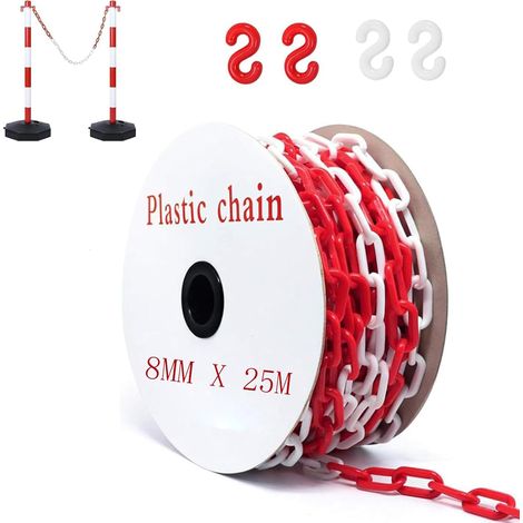 Chaîne de délimitation en plastique rouge et blanc de 25 m, 8 mm, avec 4 crochets en S, chaîne d'avertissement de sécurité en plastique pour le chantier, le parking et l'entretien des commandes (1/5)
