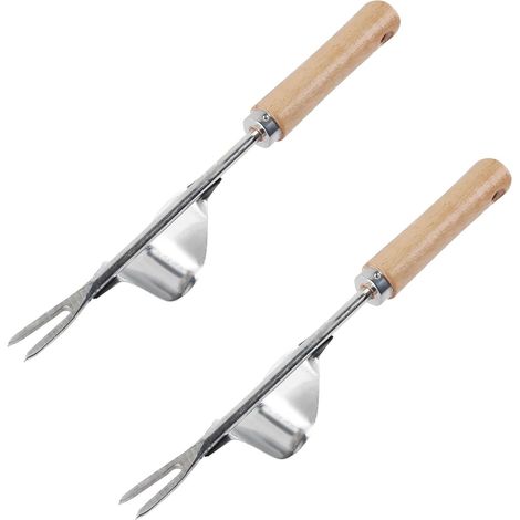 2pcs Desherbeur Manuel, Acier Inoxydable Desherbeur, Arrache Mauvaise Herbe avec Poignée Bois, Outils Jardinage, Capable D'éliminer Facilement les Mauvaises Herbes du sol (1/5)