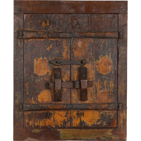 Solid wood and old medieval iron window grille with interior or exterior frame (1/5)