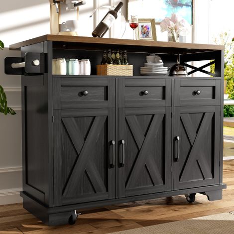 Îlot de cuisine mobile noir 118 x 43-80 x 98 cm avec plateau rabattable, desserte de rangement à roulettes, porte-serviettes et grand espace de stockage modulable (1/5)