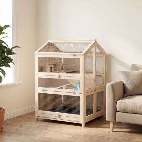 Cage Hamster 3 Étages en Bois avec Bac Amovible, Couvercle Ouvrant, Bascule, Cabane, Fenêtre, 68x61,5x90cm, Naturel (1/5)