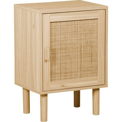 Home Heavenly® - Mesita de noche 1 puerta CAMILE, mesita auxiliar de ratán con balda interior, 58x40x30 cm. Color: Pino - Ratán (1/4)