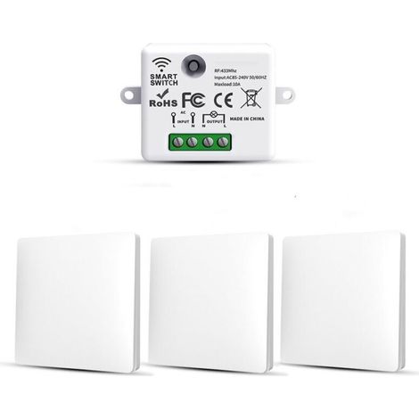 Set of 3 RF433 Wireless Light Switches – 10A 240V Transmitter and Receiver – Easy Installation Without Wiring (1/5)