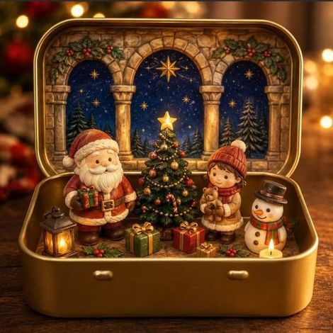 A uniquely designed, whimsical box containing miniature figures depicting a candlelight meeting - a miniature figure figurine - a Christmas tree -
