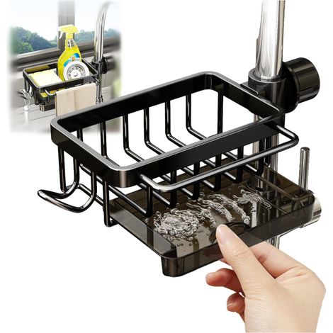 Applicable Étagère de rangement pour robinet, organiseur d'évier de cuisine, porte-éponge en acier inoxydable, porte-éponge avec bac d'égouttement amovible, étagère de rangement en métal (noir, gauche (1/5)