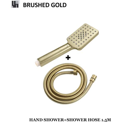 (Or brossé, lot de 2) Ensemble de barre de douche réglable murale avec flexible de douchette, accessoires de salle de bain, finition or et noir. (1/5)