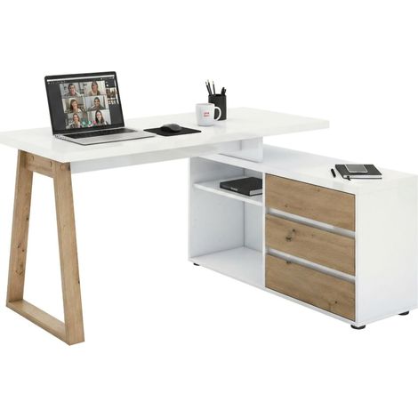 Escritorio Hachette, 3 cajones, 2 compartimentos Made in Italy, Color Blanco, 135x75x120h cm Blanco Brillante