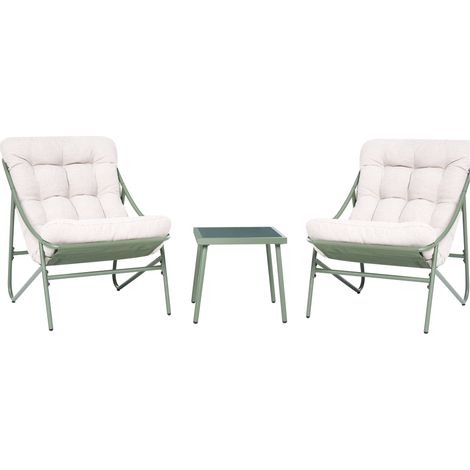 Conjunto balcón jardín exterior dos sillones y una mesa verde y beige Molveno