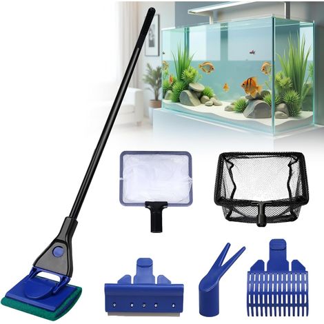 Outils de nettoyage d'aquarium : kit de nettoyage d'aquarium 6 en 1 avec filet à poissons, râteau à gravier, fourchette à plantes, grattoir, éponge, kit de nettoyage pour récif, coraux et (1/5)