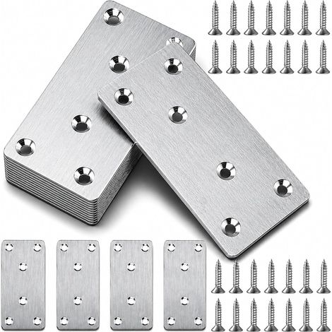 10 Pièces Plaques Perforées, Plaques Equerre d'Assemblage, Connecteur Bois Connecteurs Plats en Acier Inoxydable, Connecteur de Réparation, Fer Plat Perforé, avec 60 Vis, 80x40x1.7mm (1/5)
