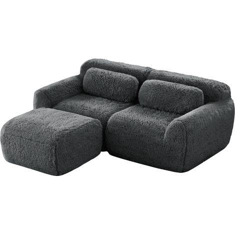 Canapé d’angle modulable 2 places en tissu pelucheux gris, mousse haute résilience, sans montage (1/5)