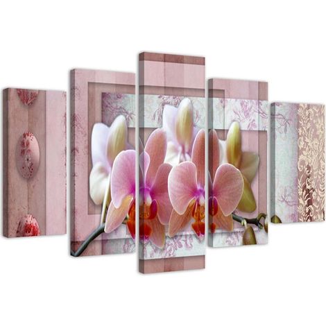 Quadri Quadro 5 pezzi Stampa su tela Orchidee a fiore rosa - 200x100 (1/5)