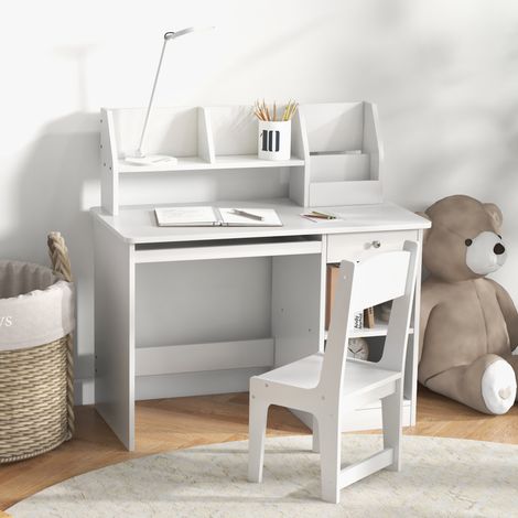 Escritorio infantil con silla ergonómica, bandeja deslizante para teclado, cajón, estantes abiertos y nichos, 90 x 45 x 90 cm, blanco