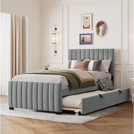 Lit simple 90x190 avec lit gigogne, velours gris HAVRYA (1/5)