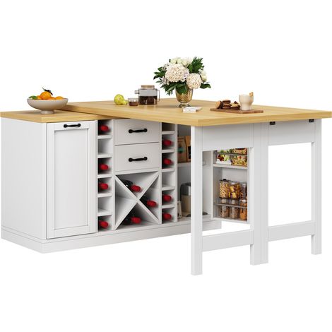 Îlot de cuisine pivotant 360° avec rangements, 2 tiroirs, porte-bouteilles amovible, support poubelle et portes latérales, blanc, pour salle à manger  CHICFURN (1/5)