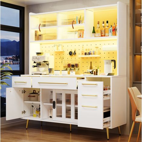 Aparador alto cocina 145x39x171 cm MDF, vidrio y metal blanco con LED – MEUBLIV (1/5)