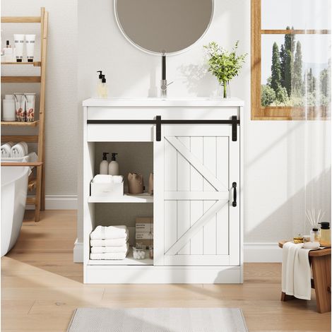 Mobile bagno bianco con lavabo in ceramica e design a porta scorrevole 76 x 46,5 x 87,5 cm OKWISH (1/5)