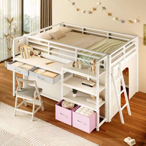 Lit mezzanine enfant 140x200 cm métal et MDF blanc, bureau rangement gain de place - CHICFURN (1/5)