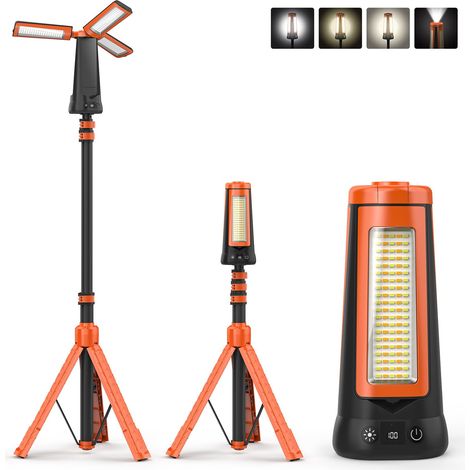 Lampe de camping et travail Orange à 3 têtes, rechargeable 9000 mAh, trépied télescopique amovible, aimanté et suspendu, télécommande — extérieur (1/5)