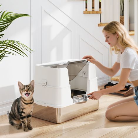 Bac à litière XL gris en acier inoxydable avec couvercle rabattable, côtés hauts, facile à nettoyer, pelle étanche, clair