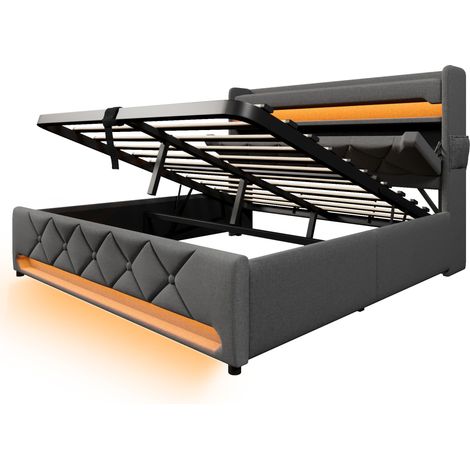 Cama doble 160x200 con almacenaje, LED 360°, puertos USB y USB-C, gris, lino, con colchón (1/5)