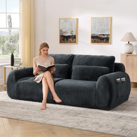 Canapé 2 places, fausse fourrure douce effet lapin, rembourrage haute résilience, avec port de charge USB et poche latérale pour magazines — Idéal pour petits salons, appartements, bureaux à domicile 