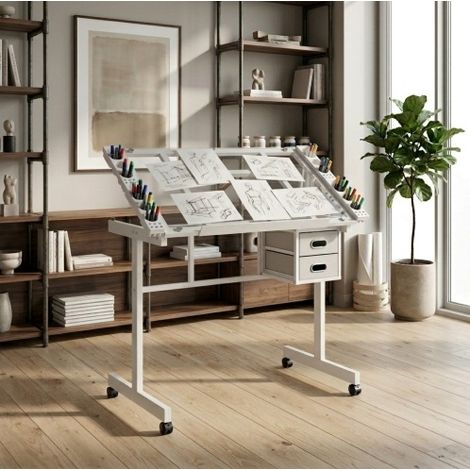 Mesa de dibujo ajustable, tablero inclinable de 0 a 70 grados, con cajones y ruedas, MDF y metal, blanca (1/5)