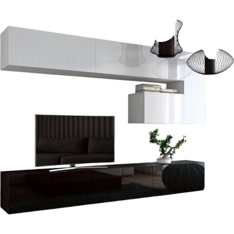 Set di mobili per soggiorno sospesi bianchi e neri, collezione CEPTO XV. 249 cm, 8 pezzi, con LED.