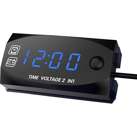 Motorrad-DC 6V-30V 2-in-1 Digitaluhr Voltmeter IP67 Wasserdicht Batterietester Monitor - Blaues Licht - Schwarz