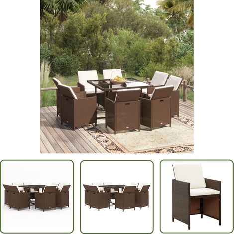 The Living Store 9-tlg. Garten-Essgruppe mit Kissen Poly Rattan Braun - Gartenmöbel - Essgruppe - Outdoor Möbel - Rattan Gartenmöbel - Balkonmöbel (1/5)