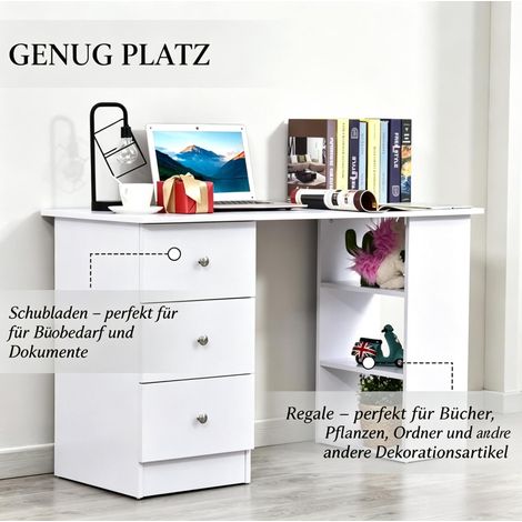 Bureau 120x49x72 cm en MDF blanc avec 3 tiroirs et étagères, gain de place pour bureau – MEUBLIV (1/5)