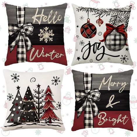 4pcs Housses de Coussin de Noël,Lin Décoratif Taie d'oreiller,Housse Coussin Noel,Housse Coussin Exterieur,Décoration de Noël,Housse de Canapé noël (1/5)