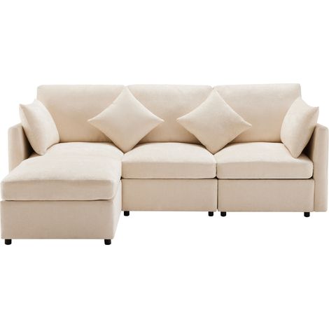 Divano angolare modulare a L in chenille beige con pouf mobile e 4 cuscini (1/5)