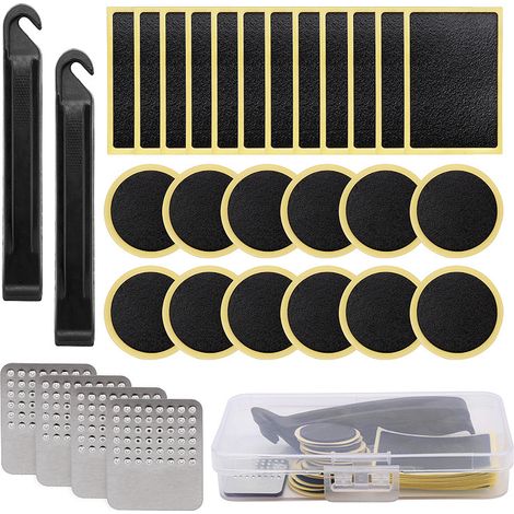30er-Pack Flicken zur Reparatur von Fahrradreifen, inklusive klebstofffreier, selbstklebender Flicken mit Metallraspeln, Reifenheber aus Kunststoff, Luftnadeln und tragbarer Aufbewahrungsbox (1/5)