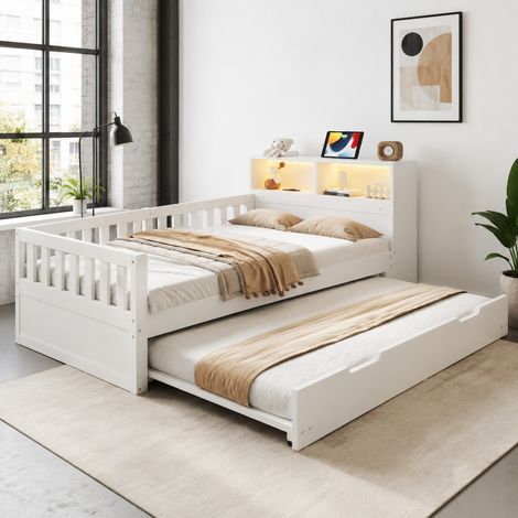 Letto multifunzione 90 x 200 cm con letto estraibile, LED, USB/Type-C, bianco HAVRYA (1/5)