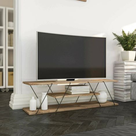 Dmora - Mueble de televisión Lysithea, Aparador de salón, Mueble bajo para TV, Base de pared equipada, 120x30h33 cm, Negro y Nogal, con embalaje reforzado (1/4)