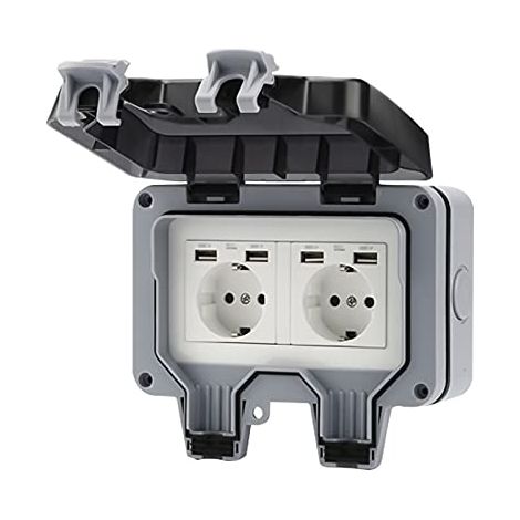 Prise extérieure avec port USB IP66 résistante aux intempéries, prise de jardin en saillie, contact de protection pour l'intérieur et l'extérieur, avec couvercle à charnière (1/5)
