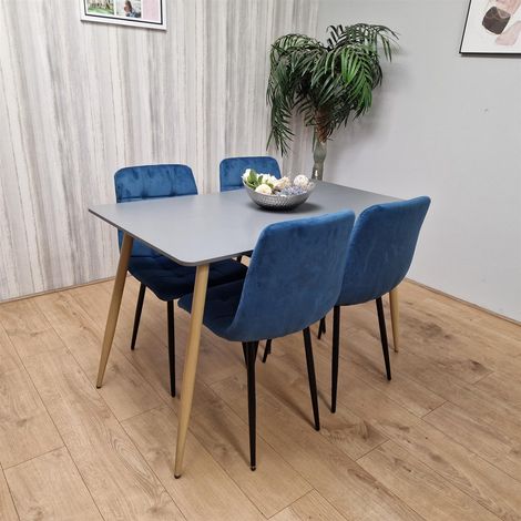Wooden Dining Table Set for 4 Grey Wooden Table and 4 Blue Velvet Chairs (1/5)