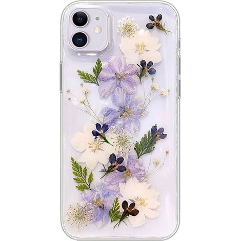 Coque à fleurs pour iPhone 16 Pro, en caoutchouc TPU souple et flexible avec de véritables fleurs séchées pressées, bleues et blanches (fleurs bleu marine) (1/5)