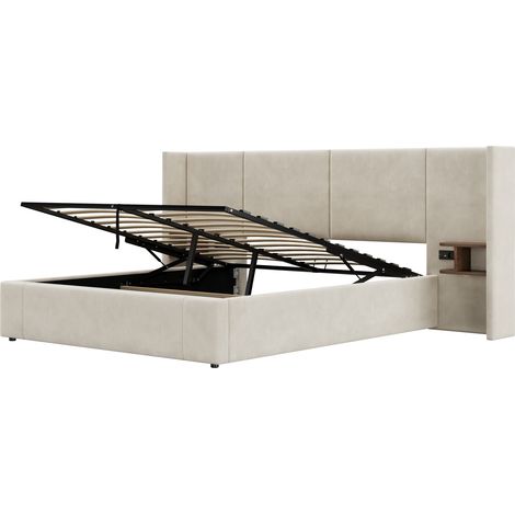 Cama canapé 160 x 200 cm de terciopelo beige con USB, enchufes y 2 mesitas (1/5)