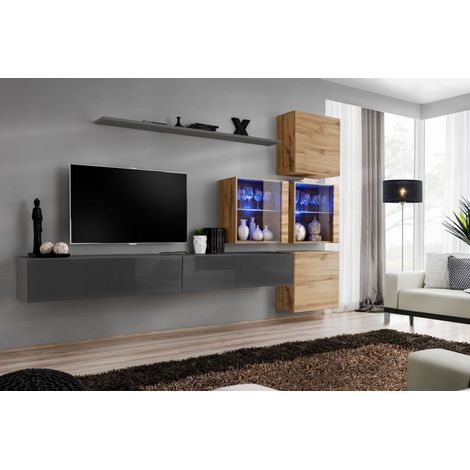 Ensemble mural - Switch XIX - 4 vitrines - 2 bancs TV - 1 étagère - Bois et graphite - Modèle 2 - Livraison gratuite