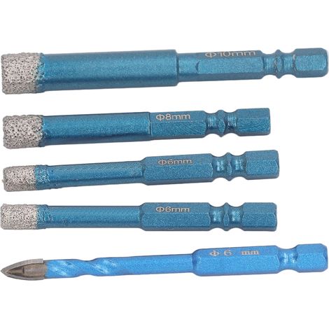 Set aus 5 hochharten, präzisionsgelöteten Diamantbohrern mit Sechskantschaft zum Bohren von Keramikfliesen. (1/5)
