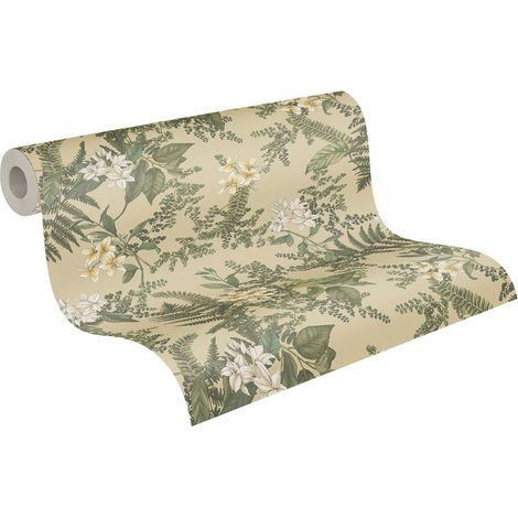 Papier peint nature floral beige, vert, et jaune Tapisserie fleurie idéale pour bureau Papier peint intissé botanique pour chambre et couloir (1/5)